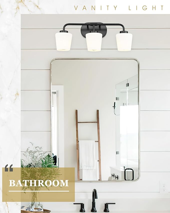 Bathroom Light Fixtures Over Mirror, 3-Light Matte Black Vanity Lighting Fixtures with Milk White Glass, Vintage Farmhouse Wall Sconces Lighting, AD-22004-3W-BK