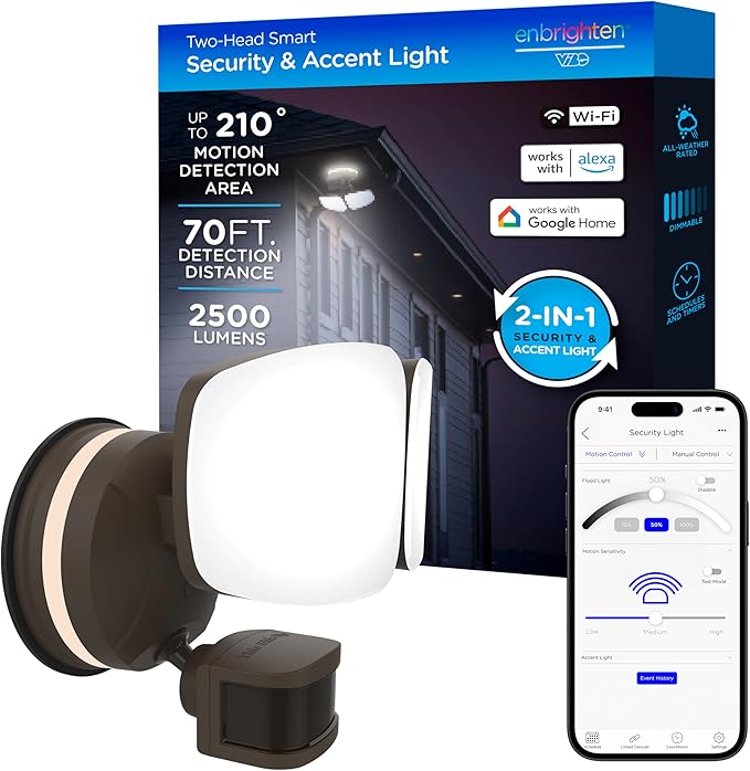 Enbrighten VIBE Smart LED Security Light, Dual Head, Motion Activated, ETL Listed, UV Resistant, 2500 Lumens, 4000K, Compatible with Alexa, Google Home, Bronze, 85900