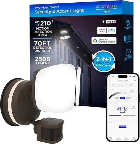 Enbrighten VIBE Smart LED Security Light, Dual Head, Motion Activated, ETL Listed, UV Resistant, 2500 Lumens, 4000K, Compatible with Alexa, Google Home, Bronze, 85900