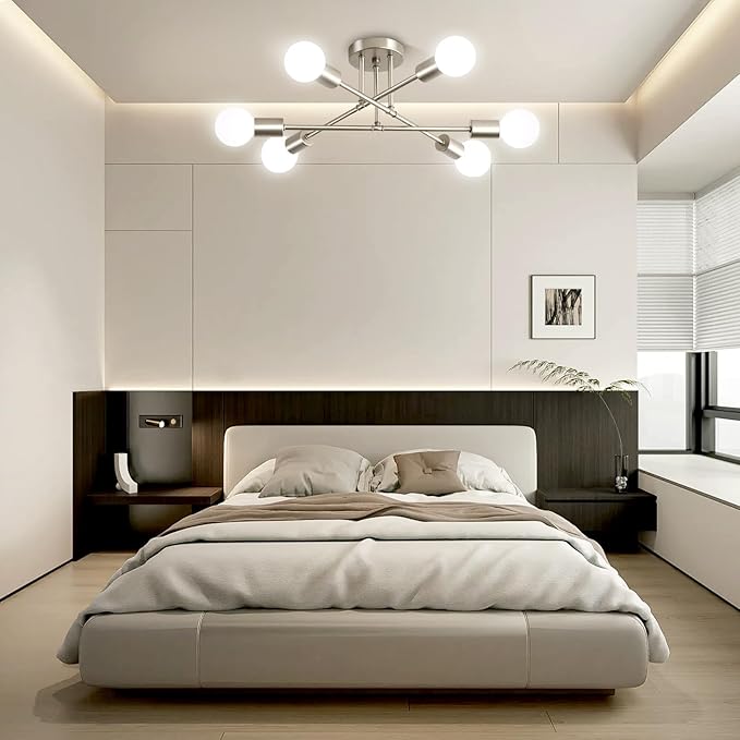Nickle Modern Sputnik Chandelier Ceiling Light Fixture,6-Light Dining Room Light Fixture,Industrial Metal Kitchen Lighting Fixtures Ceiling,Angle Adjustable Semi Flush Mount Ceiling Light for Bedroom