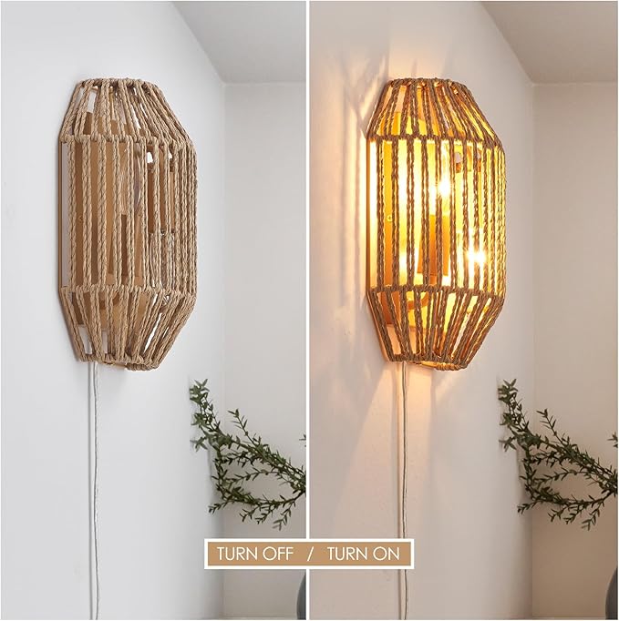 Natural Rattan Plug-in Wall Sconce Set of 2, with Boho Woven Wicker Shade Antique Brass Brush Paint Finish for Vanity Stairway Fireplace Living Room Bedside Passway Hallway
