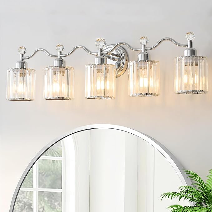 Bathroom Vanity Light, Modern Crystal Bathroom Ligth Fixture, Chrome 5 Light Vanity Lights, Light Fixtures Above Mirror, Wall Lamp for Mirror Living Room Cabinet Bedroom Porch