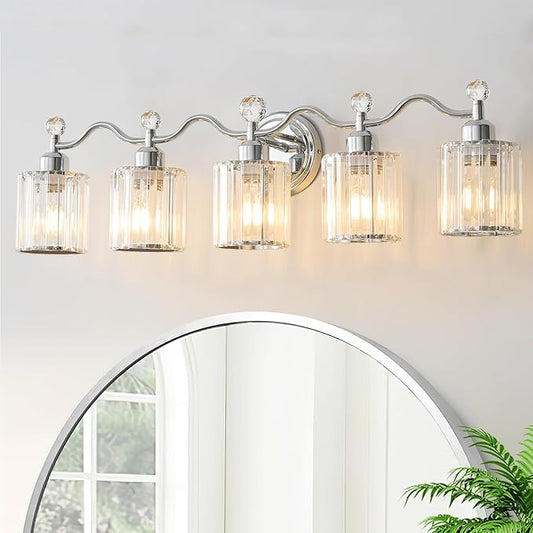 Bathroom Vanity Light, Modern Crystal Bathroom Ligth Fixture, Chrome 5 Light Vanity Lights, Light Fixtures Above Mirror, Wall Lamp for Mirror Living Room Cabinet Bedroom Porch