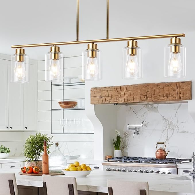 mavcadonf Kitchen Island Light, 5-Light Pendant Lighting, Farmhouse Industrial Dining Room Light Fixtures for Kitchen Island Dining Living Room, Brushed Gold with Clear Glass Shade