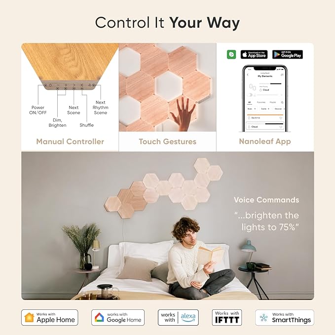 Nanoleaf Elements Wood Look Smart Wall Lights, Hexagon LED Wall Lights Work with Alexa Google Assistant, Home Wall Decor for Living Room with Music Sync, Ambient White 1500-4000K, Expansion 3 Panel