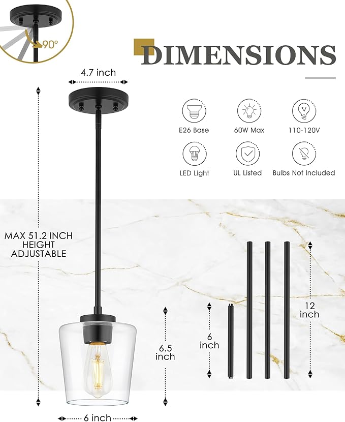 Pendant Lights Kitchen Island 2 Pack, 6" Matte Black Hanging Lights Fixtures with Clear Glass Shade, Modern Kitchen Pendant Lighting Over Island for Dining Room, AD-22004-1P2-BK-C