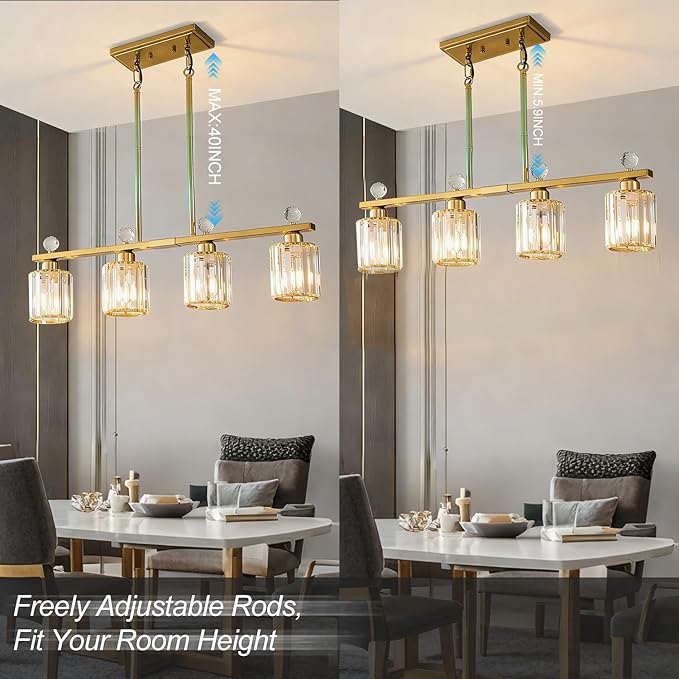 Modern Dining Room Light Fixture Over Table, Crystal Pendant Lights Kitchen Island, Chandeliers for Dining Room Kitchen Light Fixtures (E26) 5-Light Gold
