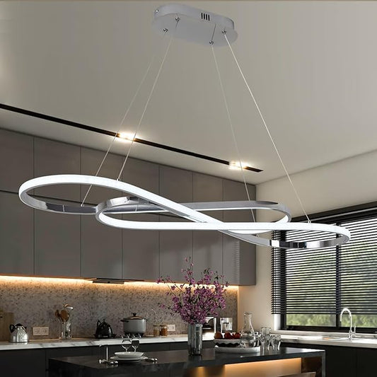 Led Chandeliers for Dining Room,Modern Led Pendant Light Fixture, Dimmable Adjustable Height Music Note Shape Hanging Lamp with Remote Control White Iron Ceiling Light Fixture for Kitchen Island