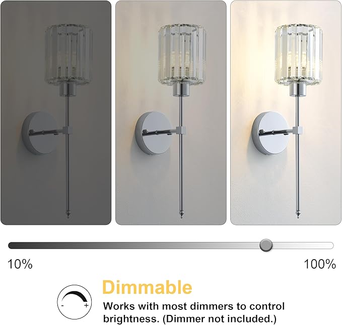 KARTOOSH Hardwired Crystal Wall Sconces Set of Two - Dimmable Wall Light Fixtures 3000K, Warm White, for Hallway, Bathroom, Living Room, Bedroom, Chrome, 20.1 Inch