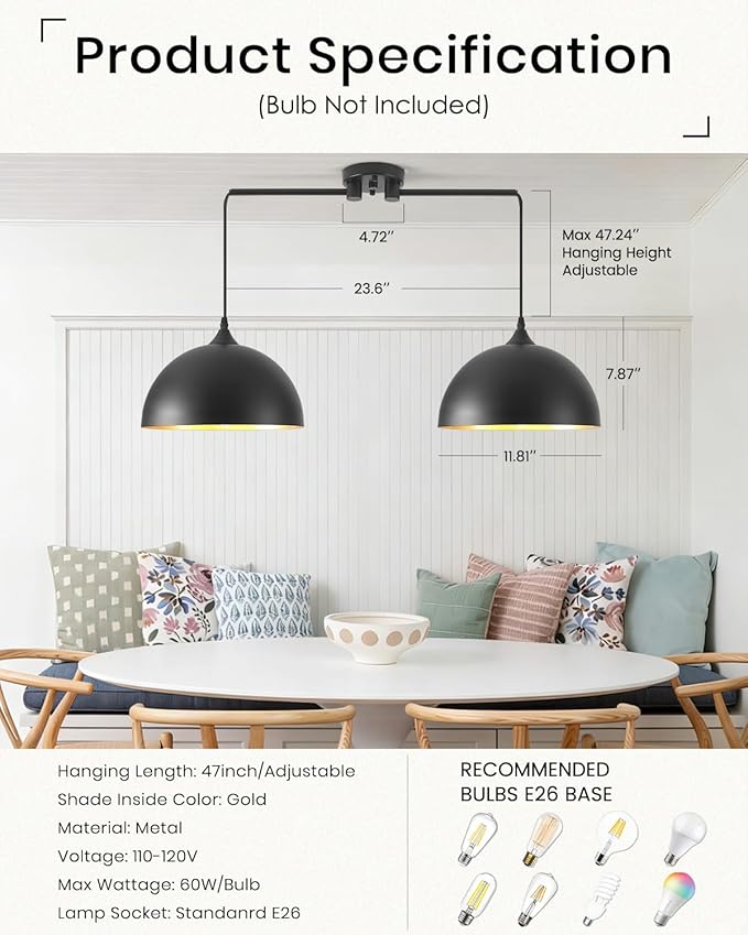 Black Pendant Lights Kitchen Island 2-Light, Black Dome Pendant Light, Kitchen Island Lighting, Dining Room Light Fixture, Island Pendant Lights for Kitchen, Dining Room, Bar, Cafe