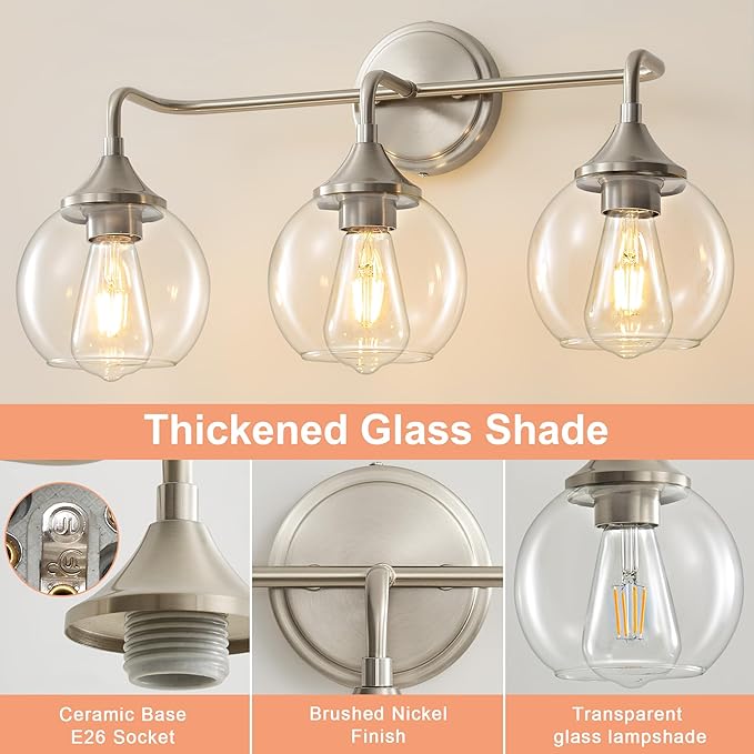 Bathroom Light Fixtures 3 Light Bathroom Vanity Light with Clear Glass Shade, 22 inch Vanity Lighting Fixtures Over Mirror, Vanity Lights Fixture (Exclude E26 Bulb) - Brushed Nickel