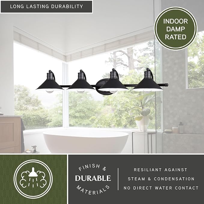 VAXCEL Akron 4-Light 38 inch Wide Oil Rubbed Bronze and Matte White Farmhouse Bathroom Vanity Lighting Fixture, Metal Shade, Dimmable, LED Compatible, Over The Mirror Mounted Steel Wall Sconce