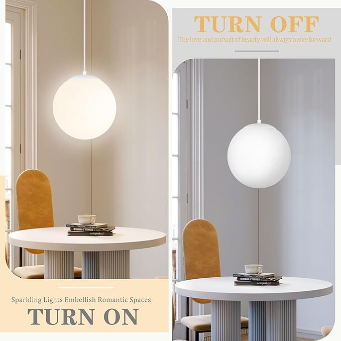 KoKo&Yukina 10" Globe Pendant Light White Plug in Pendant Light Adjustable Hanging Lights with Plug in Cord Matte White Finished with Milk Glass Lampshade for Bedroom Kitchen Island (Bulb Included)