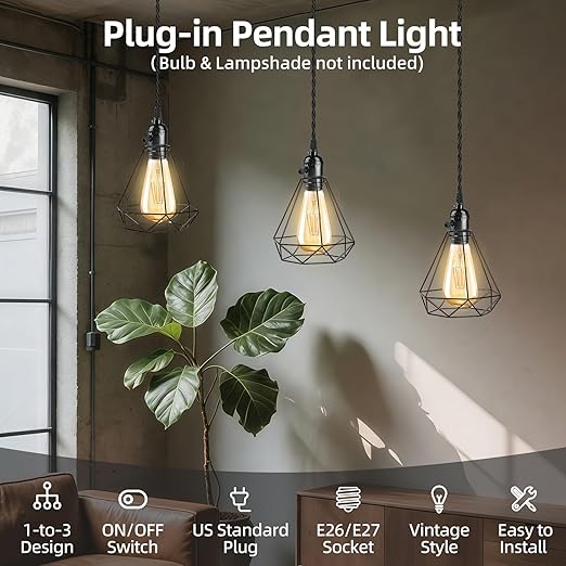 Vintage Plug-in Pendant Light Kit with 1-to-3 Hanging E26/E27 Sockets, Industrial Hanging Light with Individual Rotary Switches, Easy DIY Lighting for Living Room, Patio and Plant Corners, Black