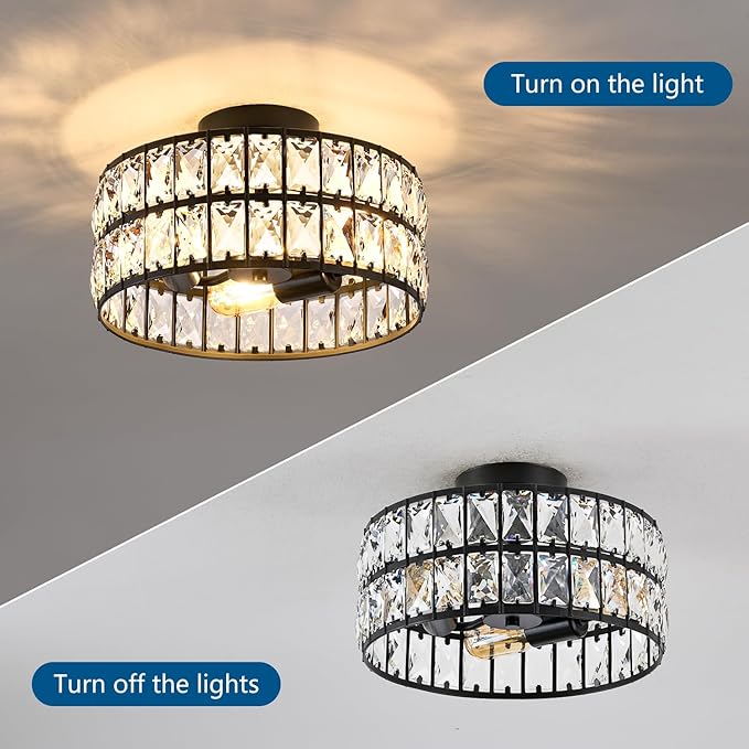 HuixuTe Modern Bedroom Light Fixtures Ceiling, 12.5" Round Drum Crystal Chandelier 3-Light, Black Semi Flush Mount Ceiling Light for Dining Room Kitchen Hallway Living Room