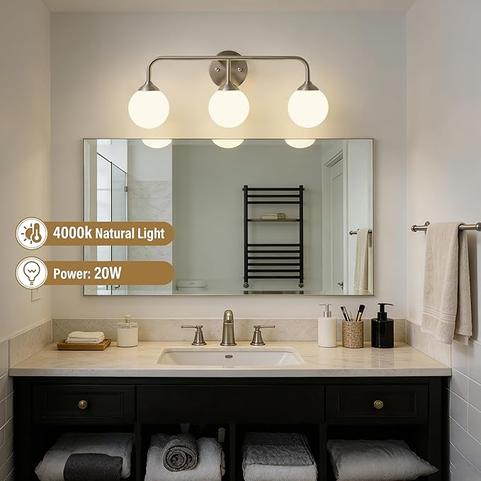 Bathroom Light Fixtures - 3 Light Brushed Brass Vanity Light Over Mirror for Bathroom Mirror Living Room, Brushed Nickel Bathroom Wall Sconce with Frosted Glass Shade, 3 G9 Bulbs Included