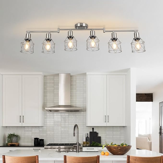 WILON Track Lighting Fixtures, 6-Light Brushed Nickel Flush Mount Track Light Ceiling, 6 Way Spot Light Kitchen Light Fixtures Directional Ceiling Spotlight for Kitchen Hallway Living Room