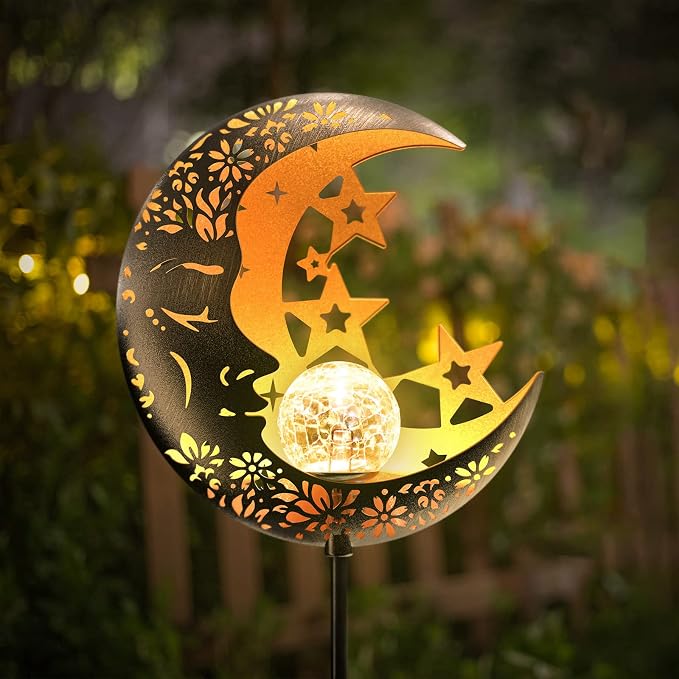 Hapjoy Moon Solar Lights Outdoor Garden Decorative Star Solar Lantern with Warm Light Waterproof Metal Outdoor Decoration for Patio, Pathway or Yard Garden Decor