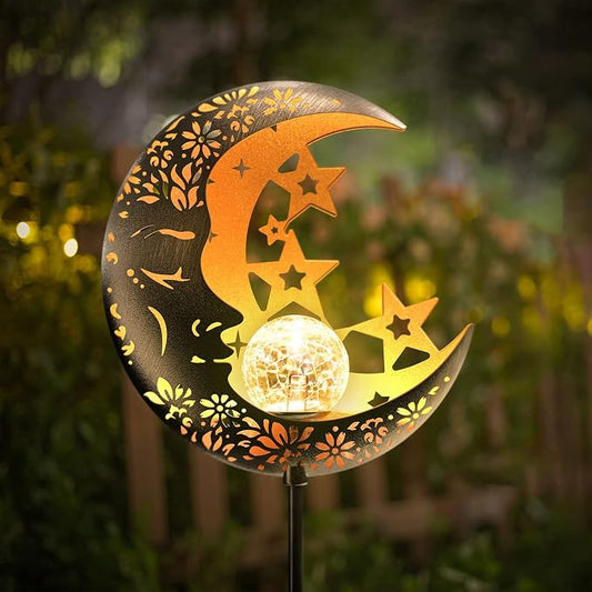 Hapjoy Moon Solar Lights Outdoor Garden Decorative Star Solar Lantern with Warm Light Waterproof Metal Outdoor Decoration for Patio, Pathway or Yard Garden Decor