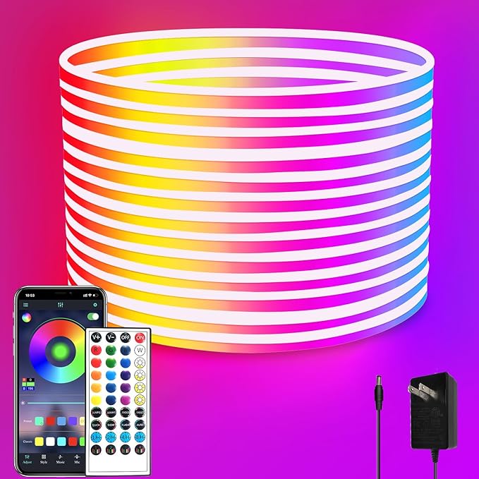 segrass 32.8FT Led Neon Rope Lights Control with App/Remote,Flexible Led Rope Lights,Multiple Modes,IP65 Outdoor RGB Neon Lights Waterproof,Music Sync Gaming Led Neon Strip Lights for Bedroom Décor