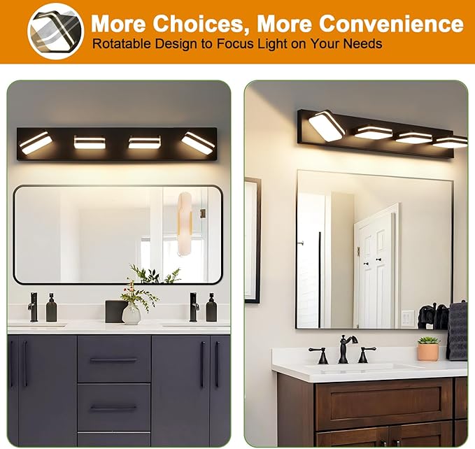 Torondo 360° Rotate LED Bathroom Vanity Light Fixtures, 1600LM Acrylic Matte Black Vanity Lights for Bathroom, Modern Wall Lighting Fixtures Over Mirror Kitchen Living Room Hallway (Warm Light 3000K)