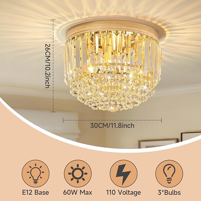 YMP&YZX Modern 3-Lights Crystal Chandelier French Gold,11.8" Semi Flush Mount Crystal Ceiling Light LED Round Chandelier Light E12 Base for Bedroom Living Room