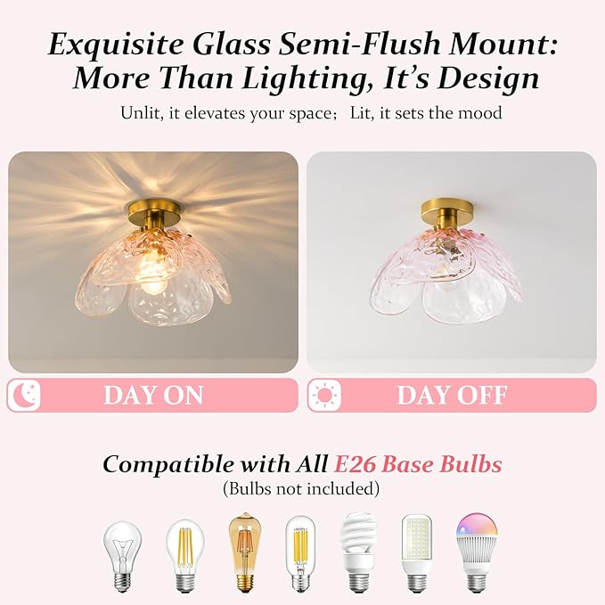 Vintage Semi Flush Mount Ceiling Light,Bronze Ceiling Light Fixtures with Gradient Pink Handmade Leaf Glass for Bedroom,Kitchen,Hallway,Entryway