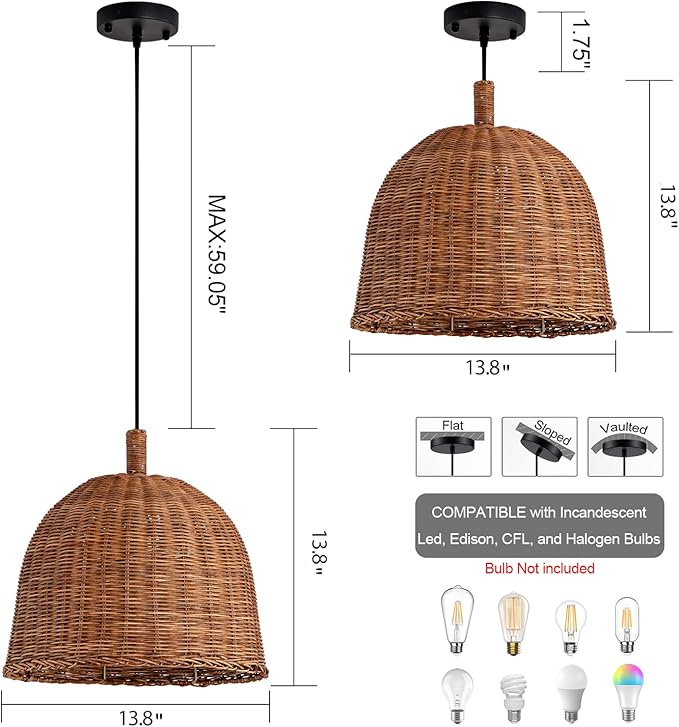 Farmhouse Rattan Pendant Light 3lights 13.8IN Hand Weaving Wicker Dining Room Light Boho Bracket Hanging Chandelier Fixture for Living Room Bedroom Kitchen Island Entry Hallway
