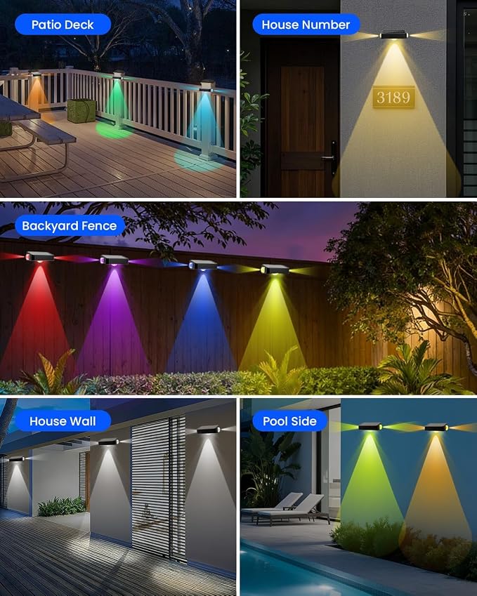 12 Pack Waterproof Solar Fence Lights for Outdoor 12 Modes Warm & Cool White RGB LED Spot Lens 3-Sided Solar Powered Wall Lighting, Decor for Outside Patio Step Backyard Deck Railing Pool