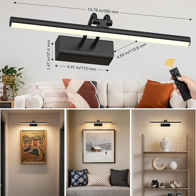Battery Operated Picture Light for Wall, Wall Light for Living Room, 4000 mAh, 13.8'' Dimmable Art Painting Light, Remote Control, Black, Display for Gallery, Living Room, Bedroom(Black)