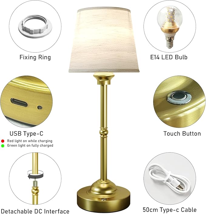 CHLORANTHUS Cordless Table Lamps, 3 Colors Stepless Dimming Fabric Desk Lamp, 6000mAh Rechargeable Battery LED Desk Lamp for Bedroom, Camping, Dining, Bar, Night Light, Desk, Cafe