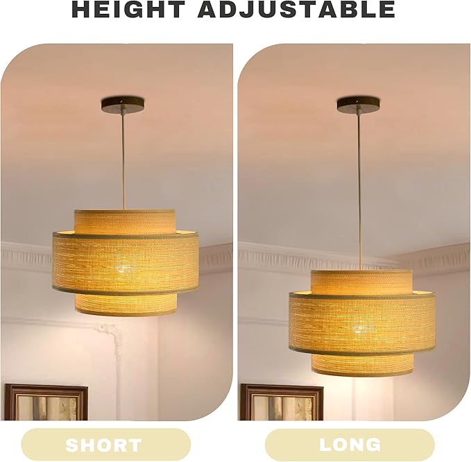 Pendant Light, 3-Tier Layered Boho Hanging Lamp with Natural Woven Drum Shade, 15ft Hemp Rope Cord Ceiling Light for Kitchen Island Dining Room Bedroom
