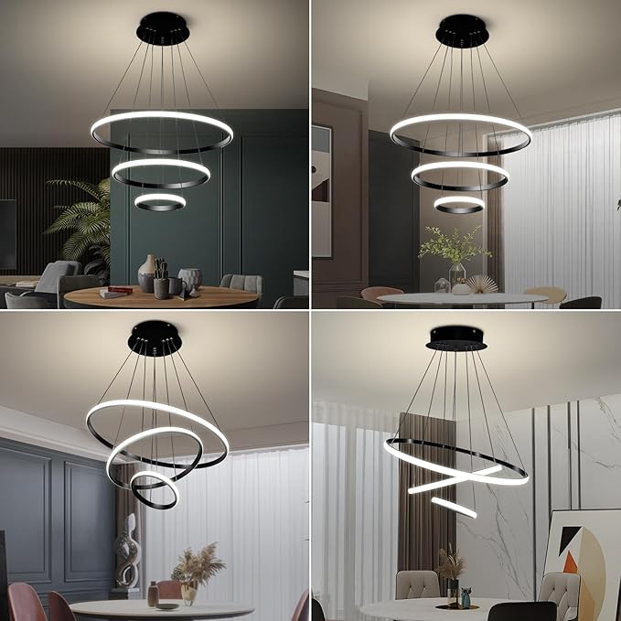 Viruhaka Modern LED Pendant Light, Adjustable Height Circular Entrance Black 3 Ring Circular Chandelier Fixture, Suitable for Restaurants, Kitchens, Islands, Living Rooms, Cafes, Etc. (4000K)