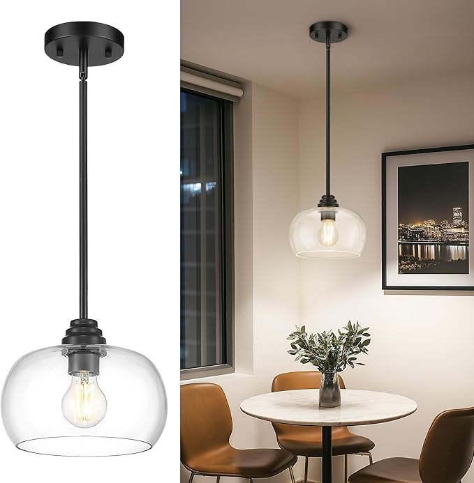 AUTELO Black Pendant Lights Kitchen Island, 1-Light Pendant Lights in Black Finish with Clear Glass, Modern Pendant Light Fixtures, Hanging Lamp for Kitchen Island H9385 BK-R