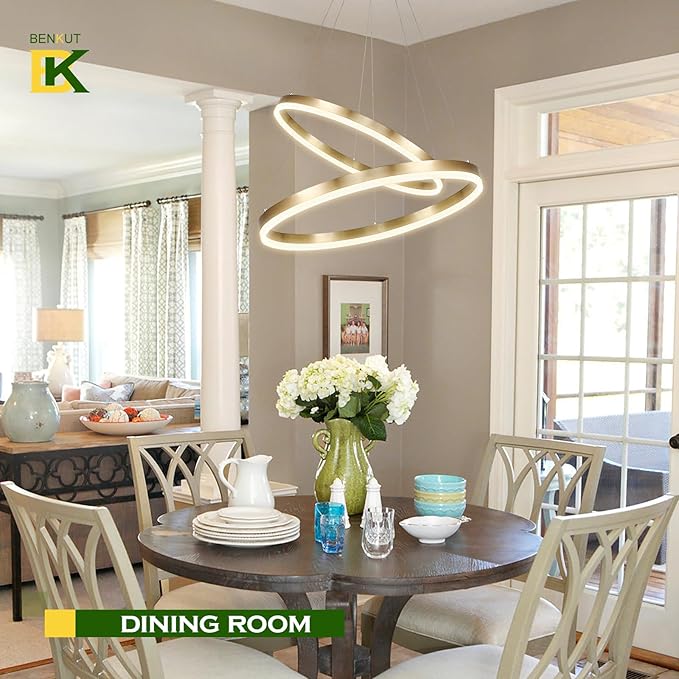Benkut 2-Rings Modern LED Chandelier Gold for Dining Room, Circular Flush Mount Ceiling Chandelier Light Dimmable Pendant Light with Remote Control for Living Room Entrance Foyer, 3000K-6500K