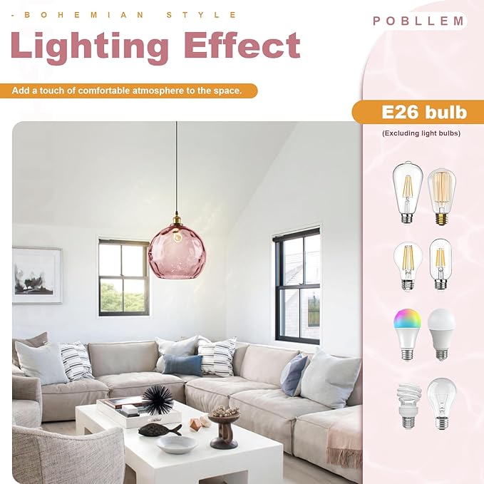 Large Glass Pendant Light 13.8", Pink Modern Pendant Lights Kitchen Island Lights Ceiling Hanging, Hammered Globe Pendant Lamps for Living Room Dining Room Bedroom Bathroom Hallway