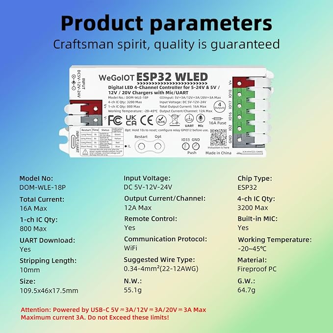 ESP32 WLED Controller with 16A Fuse for 5V-24V LED Strip Dynamic RGB IC DIY Port 4 Channel WiFi Controller App Control Easy Wiring FCOB Addressable Strip Light (DOM-WLE-18P with Mic/UART)