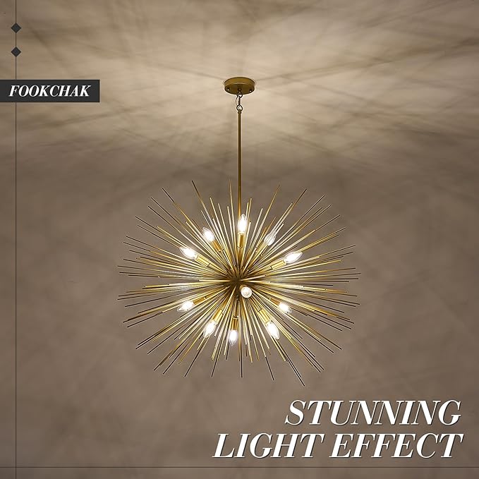 35in Gold Sputnik Chandelier 12-Light Starburst Chandelier Light Fixture Solid Metal Mid-Century Modern Satellite Light Fixture for High Ceiling Living Room Dining Room Foyer, E12