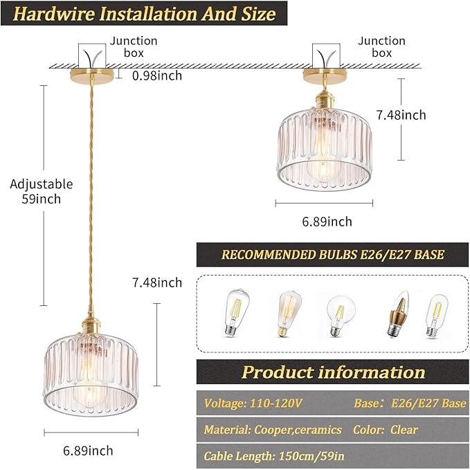 Shenmoyl Pendant Light 2 Pack with Clear Striped Glass Lmapshade, Brass Vintage Pendant Light Adjustable Hanging Light for Kitchen Island Dining Room Hallway