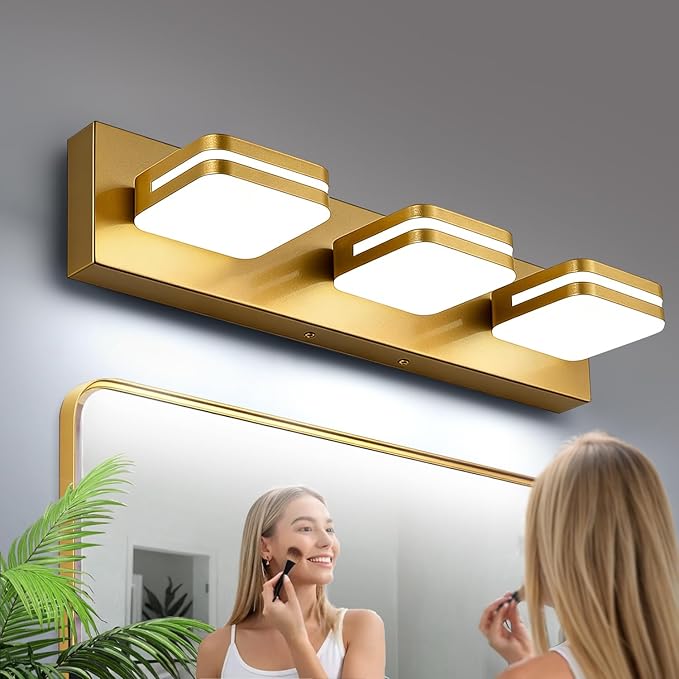 360° Rotate LED Bathroom Vanity Light Fixtures, 1300LM Acrylic Gold Vanity Lights for Bathroom, Modern Wall Lighting Fixtures Over Mirror Kitchen Living Room Hallway (Natural White Light 5000K)