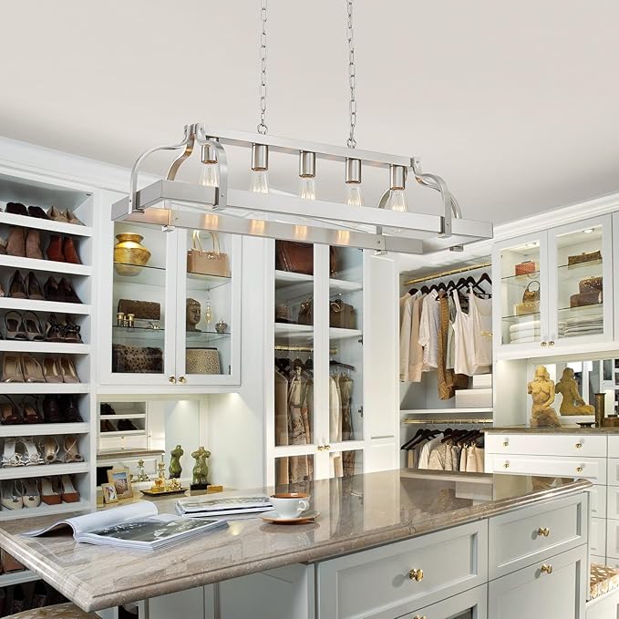WUZUPS 5-Light Metal Pot Hanging Rack Chandelier Linear Pendant Ceiling Lighting Rustic Farmhouse Fixture Kitchen Island Dining Room, H 9.8" L 34.6" W11.8, E26 Base, Brushed Nickel