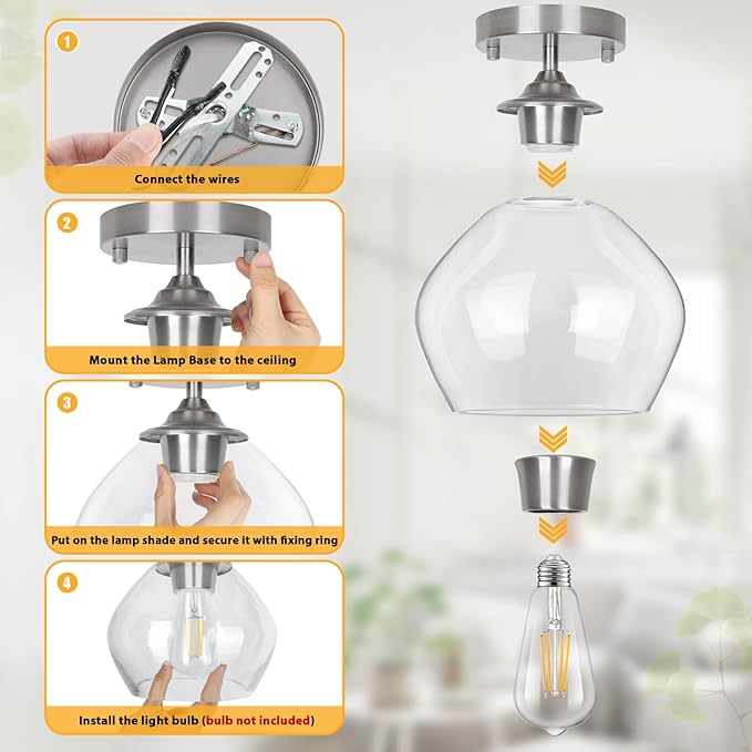 Modern Semi Flush Mount Ceiling Light with Clear Glass Shade, Industrial Close to Ceiling, Nickel Hanging Ceiling Light Fixture for Hallway, Bedroom, Dining Room, Entryway, Foyer