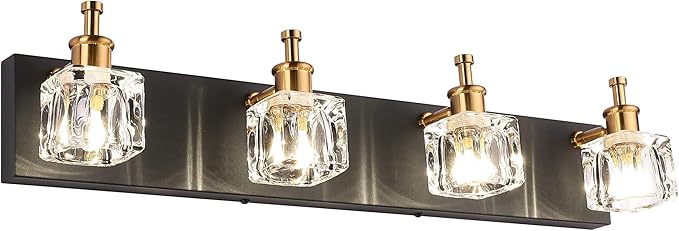 PRESDE Modern Black Bathroom Vanity Light Fixtures Over Mirror LED 4 Lights Crystal Bath wall Lighting