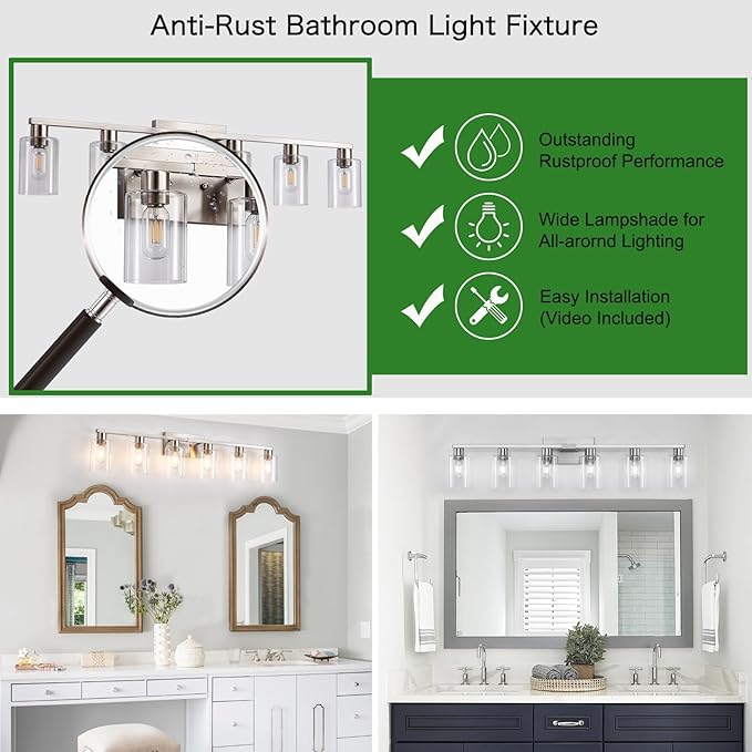 6 Light Bathroom Vanity Light,Vanity Light with Clear Glass Rust Proof Moisture-proof Easy to Clean 40"Brushed Nickel Bathroom Lighting Fixtures over Mirror Large Vanity Light for Bathroom Wall Sconce