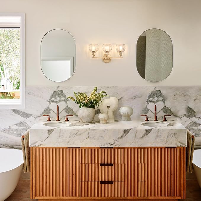 Shenmoyl Bathroom Light Fixtures, 3-Light Brass Vanity wall Light Over Mirror with Clear Tulip Glass Shade for Bedroom Living Room (Bulb Not Included)