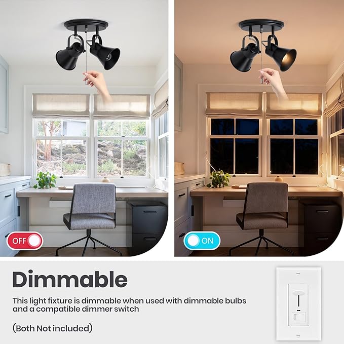 SEEBLEN 2-Light Black Track Lighting with Pull Chain, Industrial Adjustable Pull Chain Light Fixture Round Ceiling Light, Modern Flush Mount for Kitchen, Hallway, Dining Room