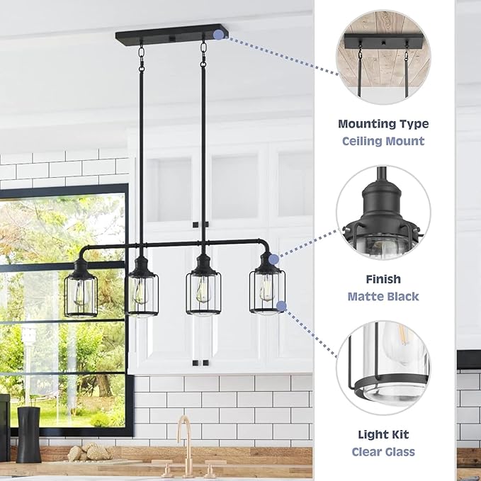 Prominence Home Lincoln Woods 4 Light Matte Black Industrial Kitchen Island, Pendant Light with Cage and Clear Glass - 51547-01