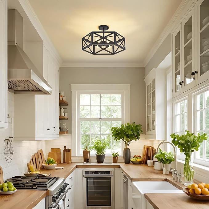 Modern Semi Flush Mount Ceiling Light with Remote Control,19.7" 6-Light Hexagon Flush Mount Ceiling Lights for Dining Room Light Fixture,Farmhouse Kitchen Island Lighting Fixtures for Hallway