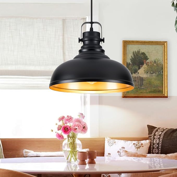 Refice 1 Pack Farmhouse Pendant Lights Black Pendant Lighting for Kitchen Island Adjustable Height Dome Hanging Lights for Barn, Dining Room