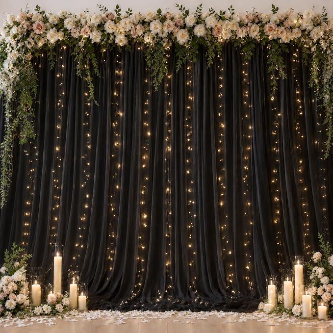 Ledido 10×8ft Black Tulle Backdrop Curtains with Lights String - 300LED Fairy Lights Sheer Curtain Backdrop for Wedding Baby Shower Photo Shoot Birthday Party Decoration(2 Panels 5×8ft)，Black